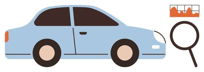 Wall Mural - Light blue car beside magnifying glass and performance chart. Ideal for automotive diagnostics, data analysis, inspection, maintenance, research, evaluation, simple flat metaphor