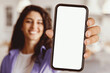 © Prostock-studio - A young woman with curly hair is smiling widely while holding up a smartphone with a blank screen. She is in a well-lit indoor space, creating a cheerful atmosphere.