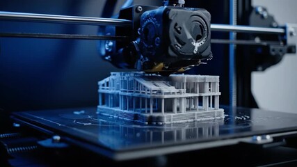 Three dimensional printer extruding plastic layers to build a model house structure. Modern rapid prototyping technology in engineering, footage.