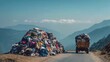 © Vladimir - Huge piles of used clothing dumped in mountains with a truck nearby.