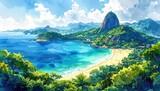 Watercolor landscape of tropical beach with lush greenery mountains and turquoise waters representing exotic holiday destination in Rio de Janeiro Brazil