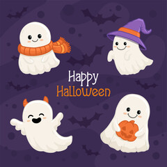Wall Mural - set of cute halloween ghosts on purple background. Collection ghost in flat style. Vector illustration