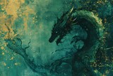 Majestic green dragon with glowing eyes emerges from an abstract background. Fantasy creature illustration ideal for gaming art or book cover.