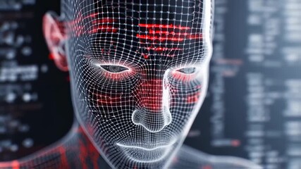 Futuristic Artificial Intelligence Face with Wireframe Grid and Glowing Data