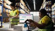 © DC Studio - Distribution center staff managing package dispatch for a large brand, orders are processed quickly and efficiently ensuring express delivery of products packed with care. Warehouse depot. Camera A.
