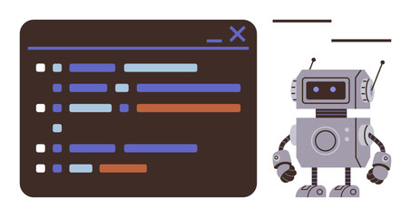 Robot interacting with a digital interface featuring organized code lines and checklists. Ideal for automation, coding, artificial intelligence, technology, machine learning, software, robotics