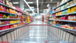 © benjamin - A shopping cart navigates through a vibrant supermarket aisle, offering a first-person perspective on a cornucopia of products, representing the heart of retail experience.