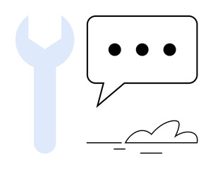 Wall Mural - Wrench, speech bubble with dots, and cloud forming a simple metaphor for dialogue, teamwork, problem-solving, digital technology, cloud computing, customer support and innovation. Ideal for simple