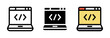 © Frank - Conjunto de iconos de programación en laptop. Desarrollo web, código digital, innovación tecnológica. Ilustración vectorial