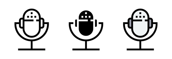 Conjunto de iconos de micrófono de podcast. Comunicación digital, grabación profesional, transmisión online. Ilustración vectorial