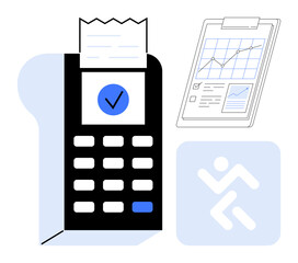 Wall Mural - Payment terminal with printed receipt, business report on clipboard, and progress icon. Ideal for finance, analytics, business growth, payment systems, planning success reporting. Clean simple