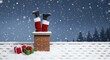 © Dari - Santa Claus boots stuck in brick chimney on snowy rooftop with Christmas presents at night