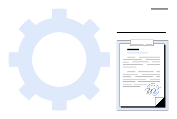 Wall Mural - Gear icon and signed document on clipboard signify collaboration, contract management, and work efficiency. Ideal for automation, agreements, workflow, productivity, business operations, teamwork