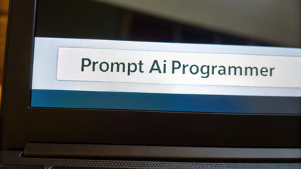 Prompt ai programmer working on code and creative solution on laptop screen with focused mood