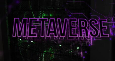 Wall Mural - Shimmering bold METAVERSE text pulsing across virtual circuit mesh, glowing green network nodes