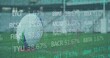 © vectorfusionart - Resting blue-and-white soccer ball displaying analytics on red tee at grassy goal, digital overlay