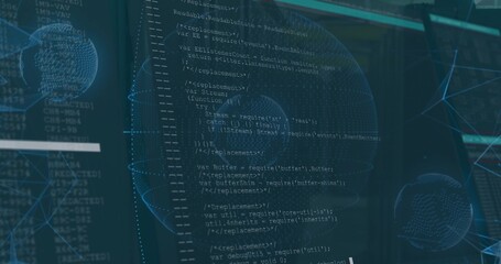 Wall Mural - Displaying central code editor showing JavaScript variables in tech space, with 3D wireframe globes