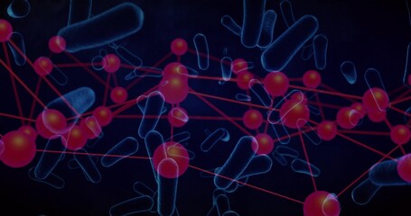Wall Mural - Displaying network connecting red spherical nodes with red lines on navy field, with blue cylinders