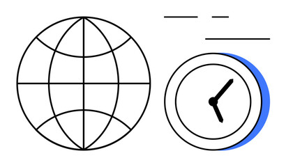 Wall Mural - Globe representing worldwide connections paired with a clock symbolizing time coordination. Ideal for communication, globalization, international travel, scheduling, time zones, collaboration