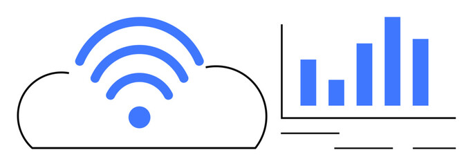 Wall Mural - Cloud outline with wireless signal waves paired with a bar chart. Ideal for cloud computing, data storage, networking, analytics, technology trends, efficiency, simple flat metaphor