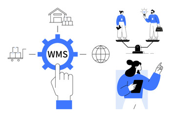 Wall Mural - Hand pointing to WMS gear, warehouse, packages, weighing scale with professionals, globe, tablet user. Ideal for logistics, inventory, teamwork balance global trade productivity simple flat