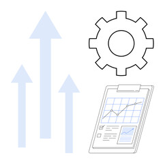 Wall Mural - Gear and rising arrows representing improvement and growth with a clipboard chart showing performance analysis. Ideal for business strategy, productivity, data insight, innovation, teamwork