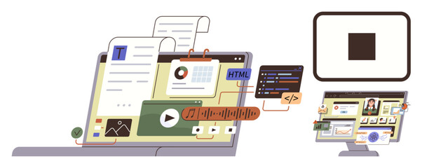 Laptop with multimedia tools, coding widgets, and text editors connected to an external monitor. Ideal for coding, web design, teamwork, media creation, project management UIUX and learning. Simple
