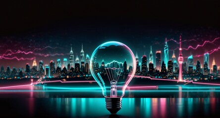 Wall Mural - Geometric, neon pink and blue lines trace a stylized cityscape silhouette against a dark background, suggesting a vibrant, futuristic urban environment.