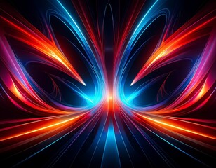 Wall Mural - This image hints at a vibrant, symmetrical display of colorful energy. Streaks of fiery reds, electric blues, and warm oranges converge, creating a dynamic abstract visual.