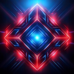 Wall Mural - Image depicts a geometric, glowing abstract composition with sharp angles. Predominantly red and blue light radiates from a central point, creating a sense of depth and energy. Hints of symmetrical de