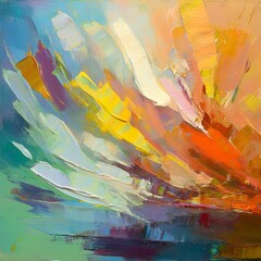 Wall Mural - The vibrant abstract painting features bold brushstrokes of warm and cool colors, creating a dynamic and energetic composition. It evokes a sense of movement and light, with a focus on color and textu