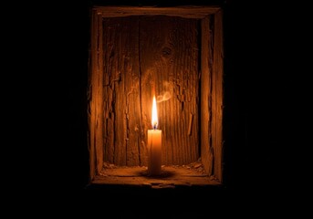 Wall Mural - A single lit candle glows warmly within a rustic wooden frame against darkness