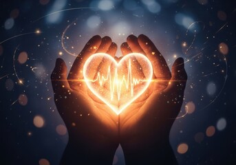 Wall Mural - Hands gently cupping a glowing heart symbol with a subtle heartbeat line