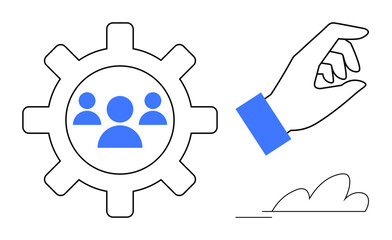 Wall Mural - Gear with team icons and hand making a picking gesture over abstract lines. Ideal for teamwork, leadership, organization, recruitment, HR processes, collaboration, productivity. A simple flat