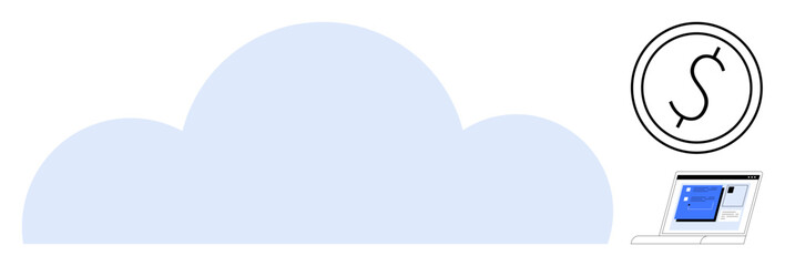 Large blue cloud, laptop displaying data, and circular dollar coin. Ideal for finance, digital savings, cloud services, budgeting tools, software apps, fintech simple flat metaphor