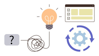 Wall Mural - Question mark leads to tangled path, light bulb as idea, cog with arrows for workflow, and checklist. Ideal for innovation, problem-solving, creativity, process, productivity organization teamwork