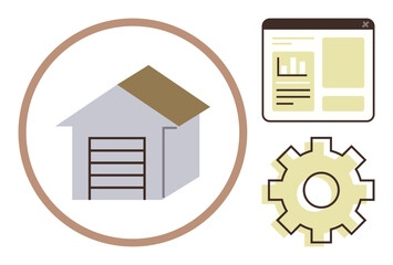 House with garage door inside circle, gear, and interface layout. Ideal for logistics, technology, warehousing, automation, e-commerce development supply chain. Simple flat metaphor