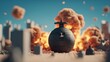 © Phakorn - Cartoon bomb character in a miniature city with multiple explosions