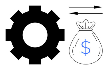 Wall Mural - Large gear beside bag with dollar sign and two directional arrows indicating economic outputs, trade, finance, and income generation. Ideal for investment, business, economics, productivity, trade
