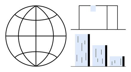 Wall Mural - Globe with intersecting lines, bar chart, and a window element suggesting digital connectivity. Ideal for innovation, strategy, communication, analytics, globalization, teamwork simple flat metaphor