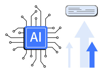Wall Mural - AI circuit chip with connected pathways next to upward arrows symbolizing technological progress and data growth. Ideal for innovation, technology, data, AI, efficiency, growth, and advancement