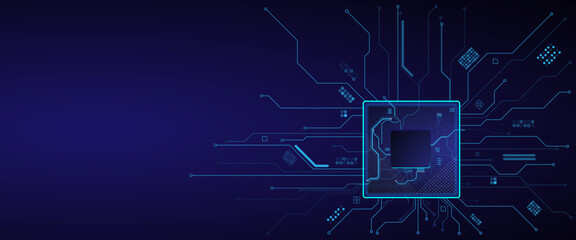 Wall Mural - CPU with Light Glowing Neon Frame on Circuit Board. Abstract digital or semiconductor with circuit board wires and electronics components.