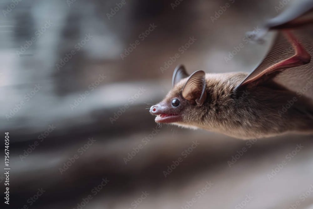 Bat flying in motion, showing its face and outstretched wings against a ...