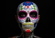 © CrazyJuke - Painted Skull Portrait: An artistic close-up captures a human adorned with elaborate sugar skull makeup. The vibrant, colorful design symbolizes life, death, and heritage.