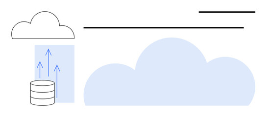 Wall Mural - Cloud communicating with a cylindrical data server through upward arrows, symbolizing data flow. Ideal for cloud computing, data synchronization, IT infrastructure, technology services, server
