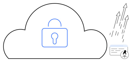 Wall Mural - Cloud outline with a central padlock for security, upward data flow arrows, and a browser window. Ideal for security, encryption, data flow, cloud computing, data protection, privacy technology