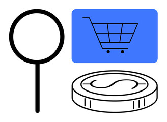 Wall Mural - Magnifying glass, cart in rectangular frame, and coin illustrate search, shopping, and currency. Ideal for e-commerce, finance, analysis retail optimization trade digital market. Simple flat