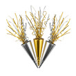 © Sathy - Golden and silver party horns isolated on transparent background for festive celebrations and new year eve decoration. Festive happy birthday party horns in gold silver and bronze for celebrations