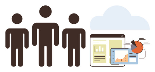 Wall Mural - Three people and digital data charts emphasize teamwork, analytics, and cloud technology. Ideal for collaboration, analysis, technology, productivity, teamwork cloud data statistics. Simple flat
