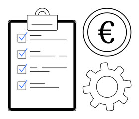 Wall Mural - Clipboard with checklist, Euro coin, and gear symbolizing organization, financial planning, and process optimization. Ideal for management, business, productivity, economy workflow goal setting